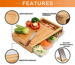 Large Bamboo Cutting Board and 4 Containers with Mobile Holder gift included for Home Kitchen