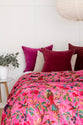 Velvet Frida Kantha Quilt Cotton Quilt Patchwork Quilt Handamade Floral Quilt Comforter Bedspread Blanket -Bird of Paradise Pink - Double